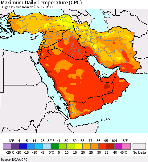 Middle East and Turkey Maximum Daily Temperature (CPC) Thematic Map For 11/6/2023 - 11/12/2023
