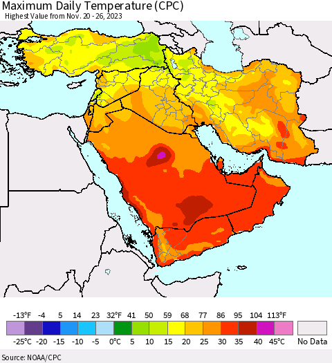 Middle East and Turkey Maximum Daily Temperature (CPC) Thematic Map For 11/20/2023 - 11/26/2023