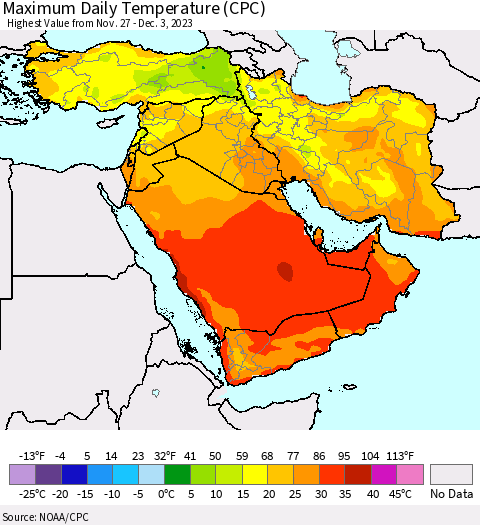 Middle East and Turkey Maximum Daily Temperature (CPC) Thematic Map For 11/27/2023 - 12/3/2023