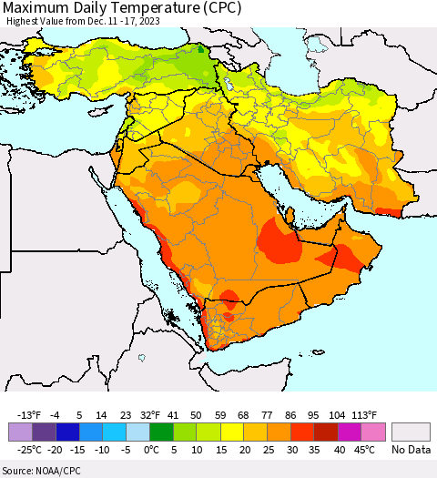 Middle East and Turkey Maximum Daily Temperature (CPC) Thematic Map For 12/11/2023 - 12/17/2023