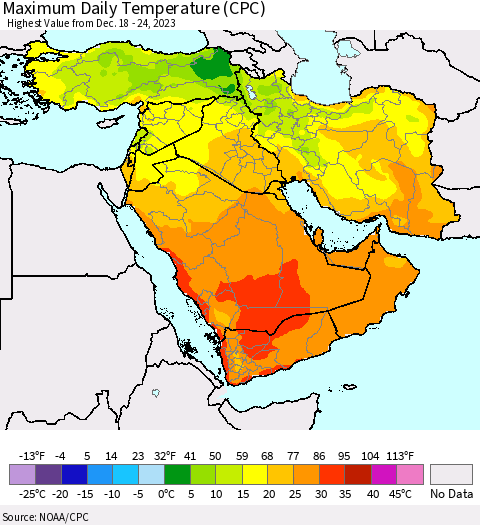 Middle East and Turkey Maximum Daily Temperature (CPC) Thematic Map For 12/18/2023 - 12/24/2023