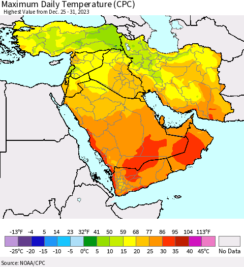 Middle East and Turkey Maximum Daily Temperature (CPC) Thematic Map For 12/25/2023 - 12/31/2023