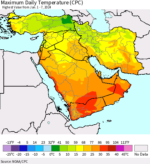 Middle East and Turkey Maximum Daily Temperature (CPC) Thematic Map For 1/1/2024 - 1/7/2024