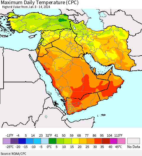 Middle East and Turkey Maximum Daily Temperature (CPC) Thematic Map For 1/8/2024 - 1/14/2024