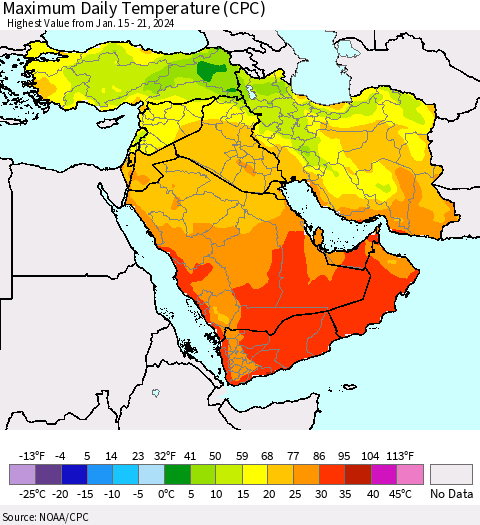 Middle East and Turkey Maximum Daily Temperature (CPC) Thematic Map For 1/15/2024 - 1/21/2024