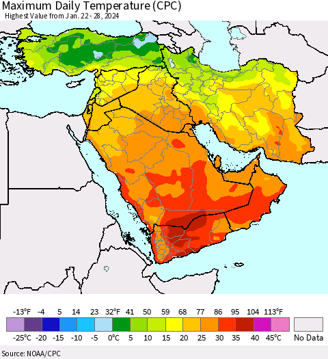Middle East and Turkey Maximum Daily Temperature (CPC) Thematic Map For 1/22/2024 - 1/28/2024