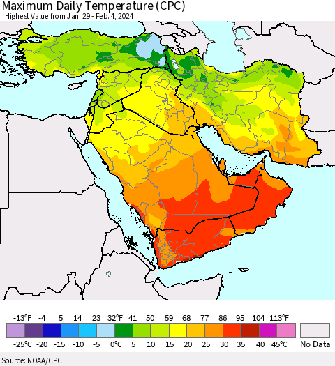 Middle East and Turkey Maximum Daily Temperature (CPC) Thematic Map For 1/29/2024 - 2/4/2024