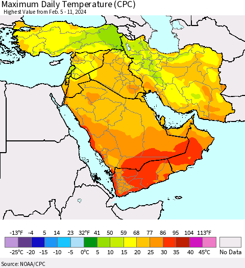 Middle East and Turkey Maximum Daily Temperature (CPC) Thematic Map For 2/5/2024 - 2/11/2024
