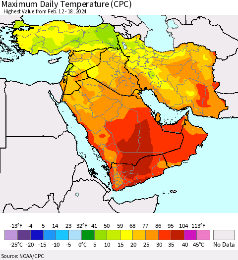 Middle East and Turkey Maximum Daily Temperature (CPC) Thematic Map For 2/12/2024 - 2/18/2024