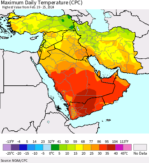 Middle East and Turkey Maximum Daily Temperature (CPC) Thematic Map For 2/19/2024 - 2/25/2024