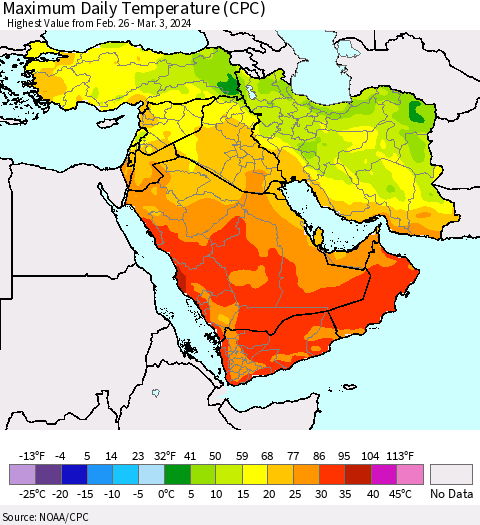 Middle East and Turkey Maximum Daily Temperature (CPC) Thematic Map For 2/26/2024 - 3/3/2024