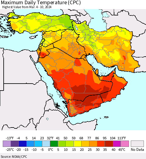 Middle East and Turkey Maximum Daily Temperature (CPC) Thematic Map For 3/4/2024 - 3/10/2024