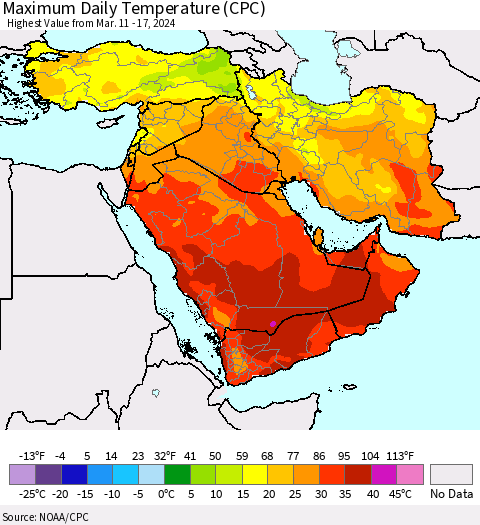 Middle East and Turkey Maximum Daily Temperature (CPC) Thematic Map For 3/11/2024 - 3/17/2024
