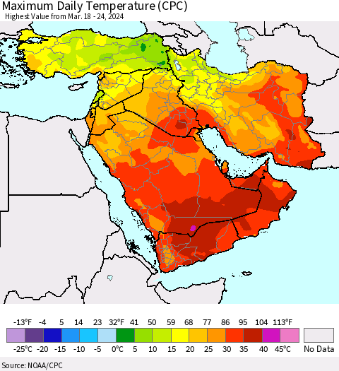 Middle East and Turkey Maximum Daily Temperature (CPC) Thematic Map For 3/18/2024 - 3/24/2024