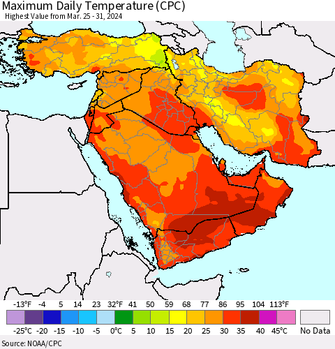 Middle East and Turkey Maximum Daily Temperature (CPC) Thematic Map For 3/25/2024 - 3/31/2024