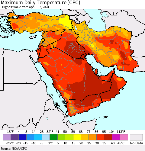 Middle East and Turkey Maximum Daily Temperature (CPC) Thematic Map For 4/1/2024 - 4/7/2024