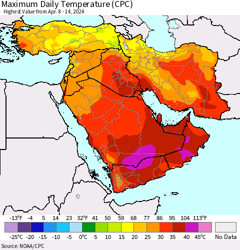 Middle East and Turkey Maximum Daily Temperature (CPC) Thematic Map For 4/8/2024 - 4/14/2024