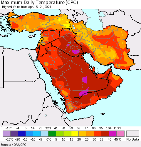 Middle East and Turkey Maximum Daily Temperature (CPC) Thematic Map For 4/15/2024 - 4/21/2024