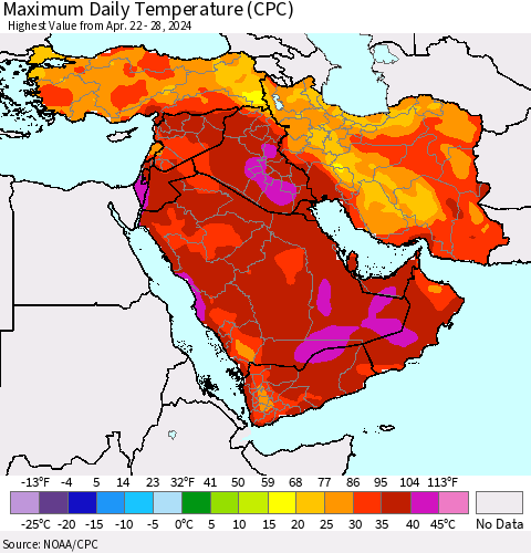 Middle East and Turkey Maximum Daily Temperature (CPC) Thematic Map For 4/22/2024 - 4/28/2024