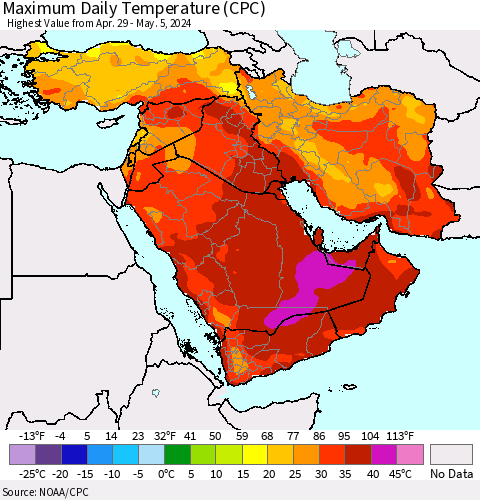 Middle East and Turkey Maximum Daily Temperature (CPC) Thematic Map For 4/29/2024 - 5/5/2024
