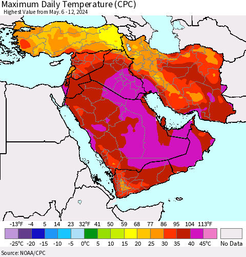 Middle East and Turkey Maximum Daily Temperature (CPC) Thematic Map For 5/6/2024 - 5/12/2024