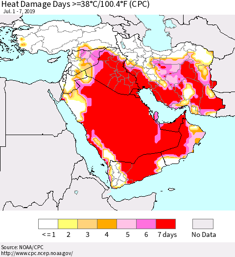 Middle East and Turkey Heat Damage Days >=38°C/100°F (CPC) Thematic Map For 7/1/2019 - 7/7/2019