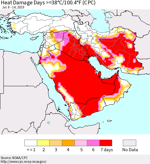 Middle East and Turkey Heat Damage Days >=38°C/100°F (CPC) Thematic Map For 7/8/2019 - 7/14/2019