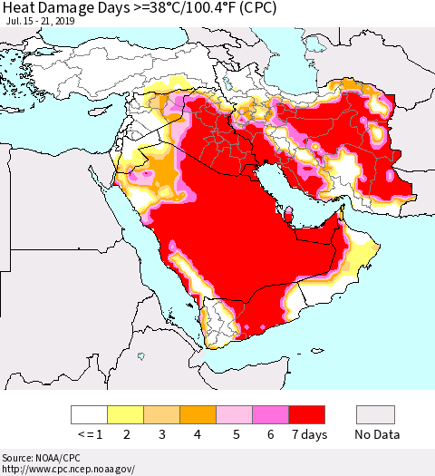 Middle East and Turkey Heat Damage Days >=38°C/100°F (CPC) Thematic Map For 7/15/2019 - 7/21/2019