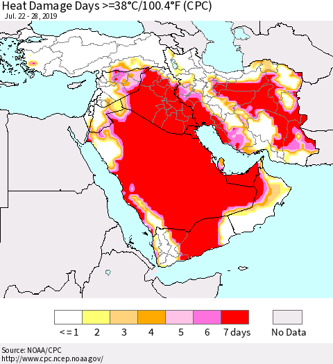 Middle East and Turkey Heat Damage Days >=38°C/100°F (CPC) Thematic Map For 7/22/2019 - 7/28/2019