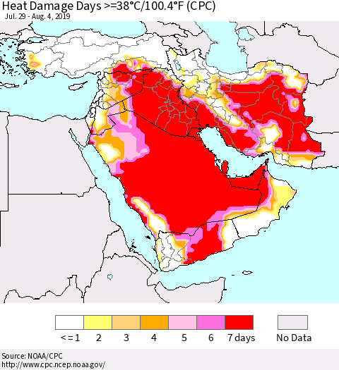 Middle East and Turkey Heat Damage Days >=38°C/100°F (CPC) Thematic Map For 7/29/2019 - 8/4/2019
