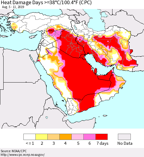 Middle East and Turkey Heat Damage Days >=38°C/100°F (CPC) Thematic Map For 8/5/2019 - 8/11/2019