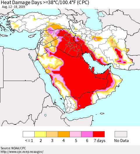 Middle East and Turkey Heat Damage Days >=38°C/100°F (CPC) Thematic Map For 8/12/2019 - 8/18/2019