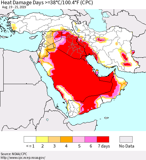 Middle East and Turkey Heat Damage Days >=38°C/100°F (CPC) Thematic Map For 8/19/2019 - 8/25/2019