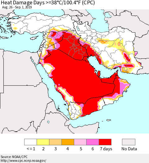 Middle East and Turkey Heat Damage Days >=38°C/100°F (CPC) Thematic Map For 8/26/2019 - 9/1/2019