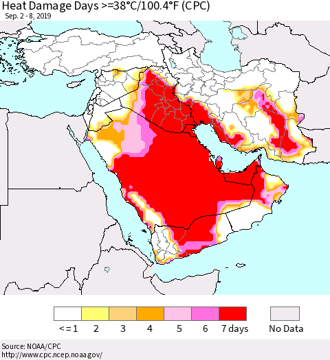 Middle East and Turkey Heat Damage Days >=38°C/100°F (CPC) Thematic Map For 9/2/2019 - 9/8/2019