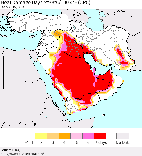 Middle East and Turkey Heat Damage Days >=38°C/100°F (CPC) Thematic Map For 9/9/2019 - 9/15/2019