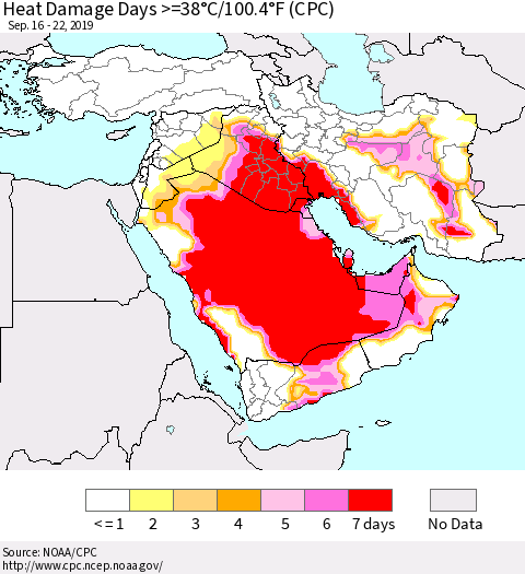 Middle East and Turkey Heat Damage Days >=38°C/100°F (CPC) Thematic Map For 9/16/2019 - 9/22/2019