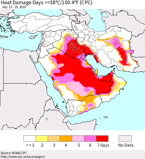 Middle East and Turkey Heat Damage Days >=38°C/100°F (CPC) Thematic Map For 9/23/2019 - 9/29/2019