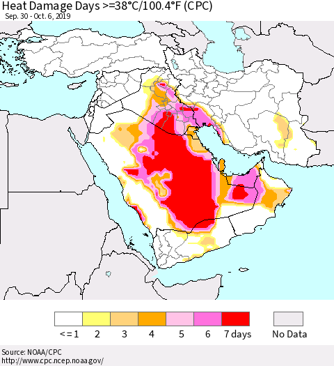Middle East and Turkey Heat Damage Days >=38°C/100°F (CPC) Thematic Map For 9/30/2019 - 10/6/2019