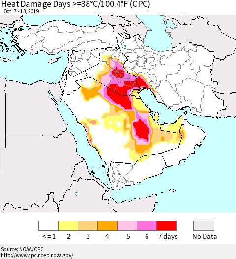 Middle East and Turkey Heat Damage Days >=38°C/100°F (CPC) Thematic Map For 10/7/2019 - 10/13/2019