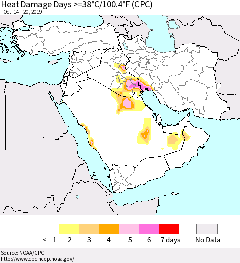 Middle East and Turkey Heat Damage Days >=38°C/100°F (CPC) Thematic Map For 10/14/2019 - 10/20/2019