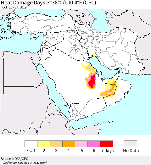 Middle East and Turkey Heat Damage Days >=38°C/100°F (CPC) Thematic Map For 10/21/2019 - 10/27/2019