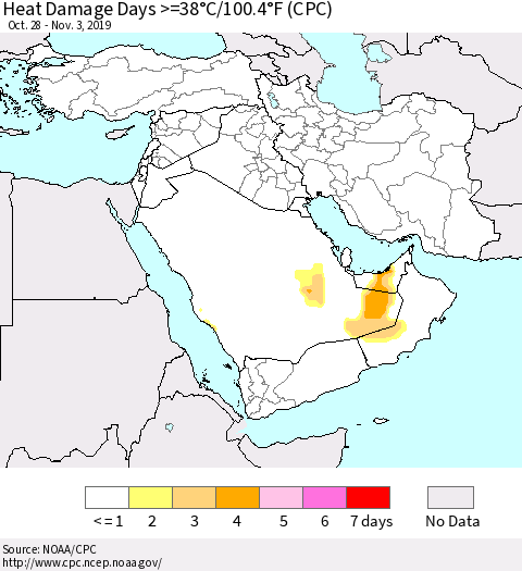 Middle East and Turkey Heat Damage Days >=38°C/100°F (CPC) Thematic Map For 10/28/2019 - 11/3/2019
