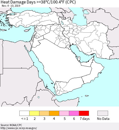 Middle East and Turkey Heat Damage Days >=38°C/100°F (CPC) Thematic Map For 11/4/2019 - 11/10/2019