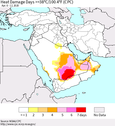 Middle East and Turkey Heat Damage Days >=38°C/100°F (CPC) Thematic Map For 4/6/2020 - 4/12/2020