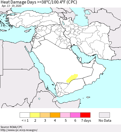 Middle East and Turkey Heat Damage Days >=38°C/100°F (CPC) Thematic Map For 4/13/2020 - 4/19/2020