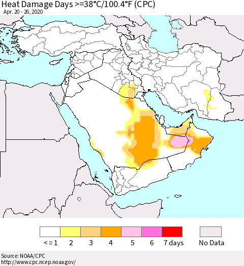 Middle East and Turkey Heat Damage Days >=38°C/100°F (CPC) Thematic Map For 4/20/2020 - 4/26/2020