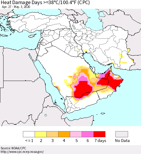Middle East and Turkey Heat Damage Days >=38°C/100°F (CPC) Thematic Map For 4/27/2020 - 5/3/2020