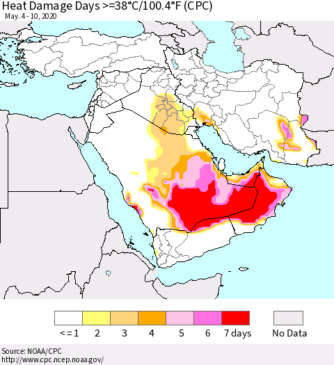Middle East and Turkey Heat Damage Days >=38°C/100°F (CPC) Thematic Map For 5/4/2020 - 5/10/2020