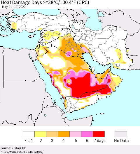 Middle East and Turkey Heat Damage Days >=38°C/100°F (CPC) Thematic Map For 5/11/2020 - 5/17/2020